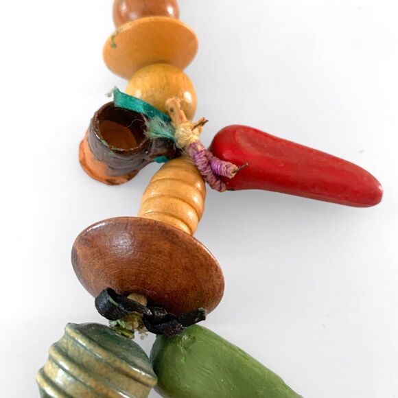 Vintage Mexican Folk Art Clay Wood Necklace - Picture 5 of 9